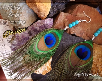 Gorgeous, selected peacock feather earrings with three natural turquoise stones and 925 sterling silver hooks,