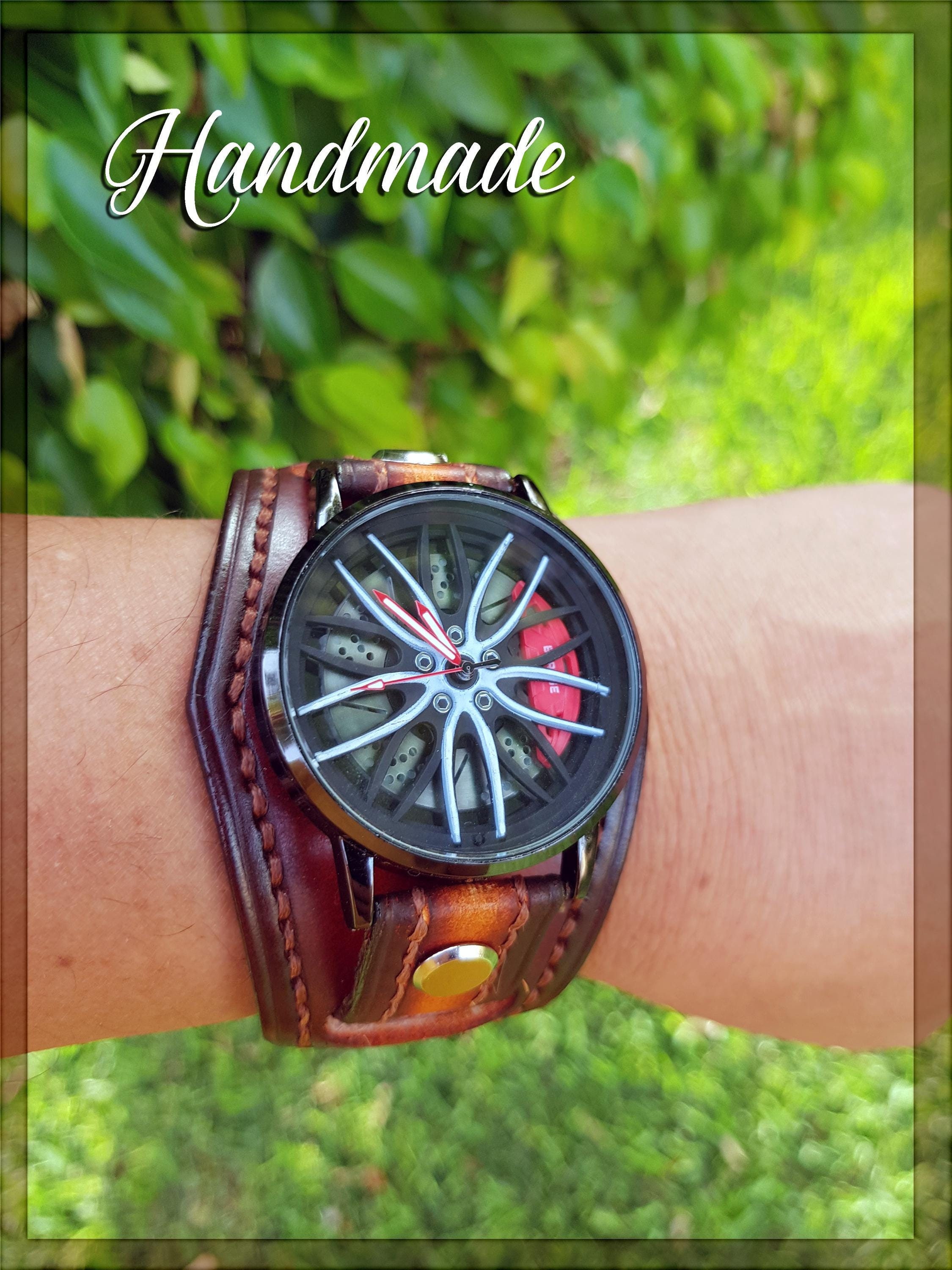 Handcrafted Leather "Wheels Series" Steampunk Wristwatch, Leather Cuff Watch,  Made with high quality vegetable tanned leather - Red
