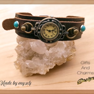 Ladies watch, made of leather, All my watches are own creations, Steampunk Leather Watch, Slim Cuff