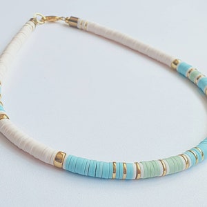 White, turquoise and almond green surfer heishi necklace. Traditional white beach necklace. Turquoise gray version also available.