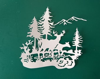 Hirsch-Reh-Bäume-Pflanzen-Berge-Stanzteile-Tonpapier-Tonkarton-Kartenaufleger-Scrapbooking-Farbwahl-130g-220g-Grußkarte-See-basteln-11,5cm