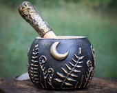 Wood mortar and pestle witch - Forest fern