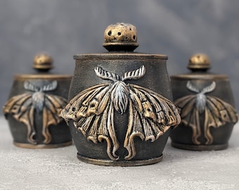 Luna moth sugar bowl with lid // Wooden container // Handmade salt cellar with lid // Forest witch kitchen canister