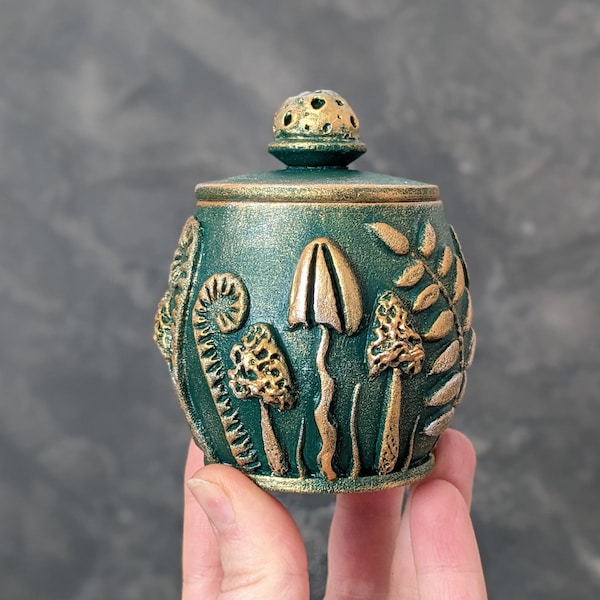 Amanita mushroom witch salt cellar with lid // Emerald green salt box // Forest witch kitchen decor