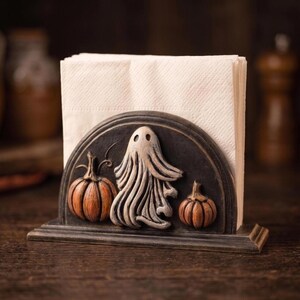 May include: A semi-circular napkin holder featuring a dark, weathered finish with a central raised relief of a white ghost flanked by two orange pumpkins. The holder is constructed with a flat base and holds a stack of plain white paper napkins.