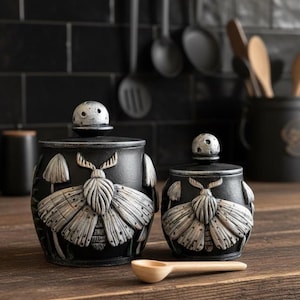 White Witch Moth Mushroom Wooden Salt Cellar with lid