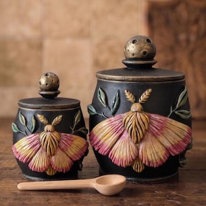 Rosy Maple Moth butterfly Pinch pot: Wood Salt Cellar with lid