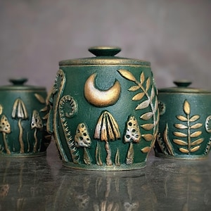 Emerald green mushroom container Wood canister with lid