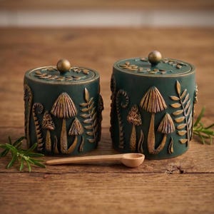 May include: Two cylindrical dark green canisters with lids, featuring embossed bronze-toned mushroom and fern motifs. Each lid has a small spherical knob. A single light-colored wooden spoon lies horizontally in front of the two containers.