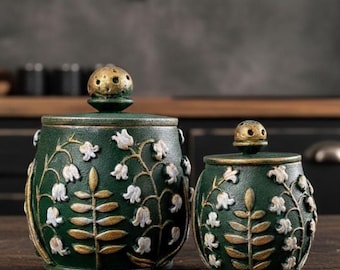 Lily of the valley flowers Pinch pot Salt cellar Wooden salt holder Forest witch kitchen decor