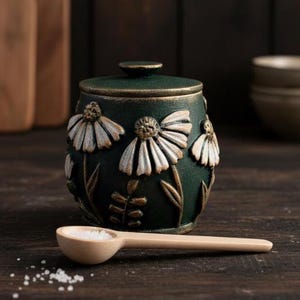 May include: A dark green ceramic salt cellar with a lid, decorated with white and gold daisy designs. A small wooden spoon sits beside the container, with salt granules scattered nearby. The salt cellar is a kitchenware item.