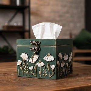 May include: A green wooden tissue box with a hinged lid and a decorative floral design. The box features white flowers and foliage carved into the front and sides. White tissues are visible at the top, and the box is sitting on a wooden surface.