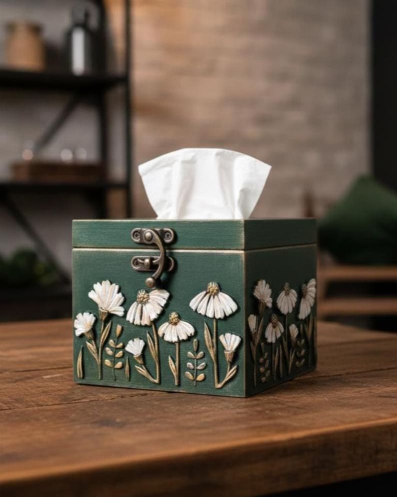 May include: A green wooden tissue box with a hinged lid and a decorative floral design. The box features white flowers and foliage carved into the front and sides. White tissues are visible at the top, and the box is sitting on a wooden surface.