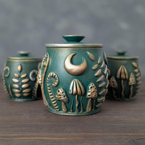 Emerald green mushroom container Wood canister with lid