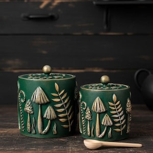 Amanita mushroom witch salt cellar with lid // Emerald green salt box // Forest witch kitchen decor