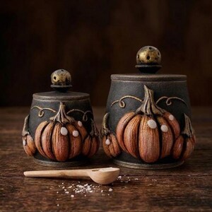 May include: Two dark charcoal-coloured ceramic canisters with lids, each featuring a raised, textured orange pumpkin relief design with white accents. Each lid is topped with a small, round, metallic-toned knob. A small wooden spoon rests in front.