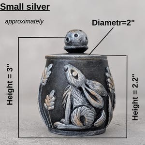 Puede incluir: Peque&ntilde;o tarro plateado con un dise&ntilde;o de conejo. El tarro mide aproximadamente 7,6 cm de alto y 5 cm de di&aacute;metro. El tarro tiene tapa y est&aacute; decorado con espigas de trigo.