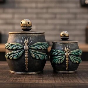 May include: Two dark charcoal-colored jars with matching lids, each featuring a prominent embossed dragonfly design with textured green wings and a gold-toned body. The lids are topped with a small, round, gold-toned knob with holes.