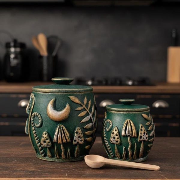 Emerald green mushroom container Wood canister with lid