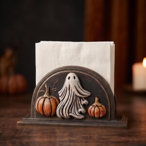 May include: A dark brown, semi-circular napkin holder featuring a raised, sculpted design of a central white ghost flanked by two orange pumpkins. The holder contains a stack of plain white paper napkins, creating a seasonal tabletop display.