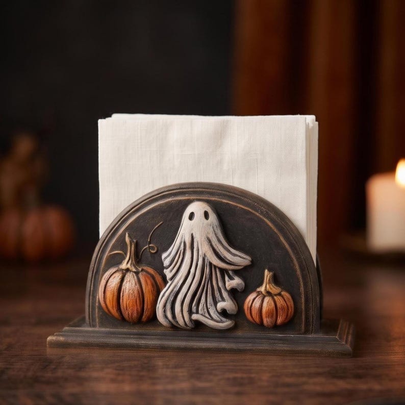 May include: A dark brown, semi-circular napkin holder featuring a raised, sculpted design of a central white ghost flanked by two orange pumpkins. The holder contains a stack of plain white paper napkins, creating a seasonal tabletop display.