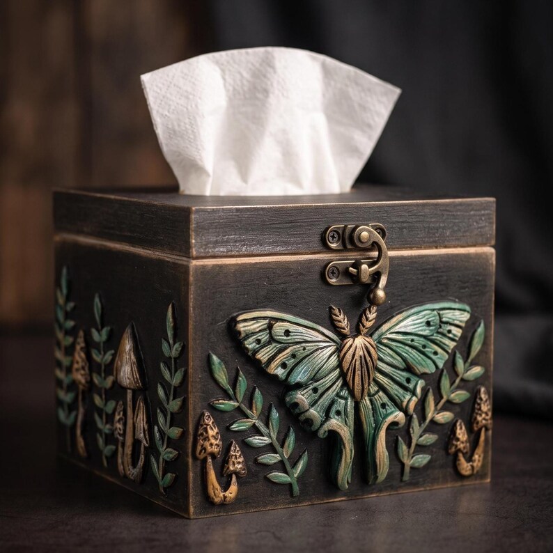 Puede incluir: Una caja de madera cuadrada para pa&ntilde;uelos con un acabado oscuro y desgastado. El frente presenta una polilla esculpida en relieve de color verde y bronce bajo un pestillo met&aacute;lico, flanqueada por tallas de peque&ntilde;os hongos y ramas.