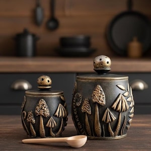 Gold Amanita mushroom kitchen canister Salt cellar with lid Wooden container Forest witch salt keeper