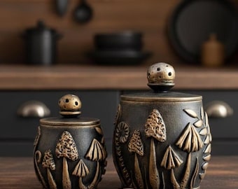 Gold Amanita mushroom kitchen canister Salt cellar with lid Wooden container Forest witch salt keeper