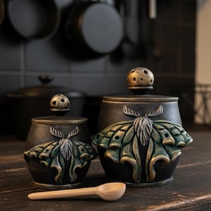 Green luna moth Pinch pot Salt cellar Wooden salt holder Forest witch kitchen decor