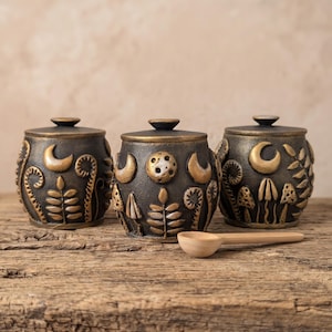 May include: Three dark gray lidded jars with gold-toned embossed designs of crescent moons, a full moon, ferns, and mushrooms. Each jar features a textured finish and a matching lid. A small, light-colored wooden spoon rests in front of the jars.