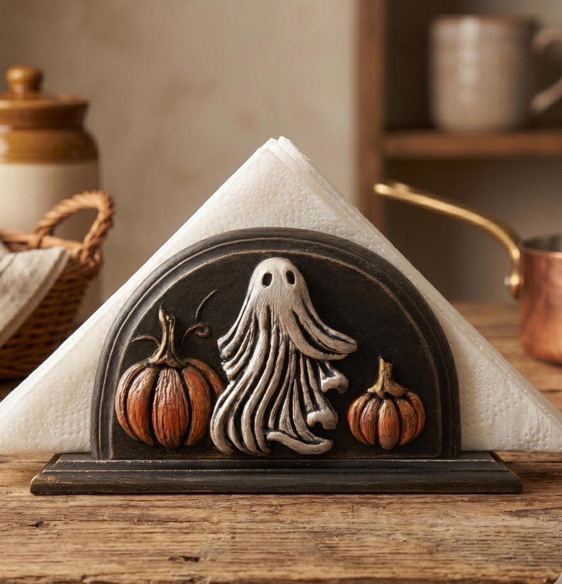 May include: A dark-toned, semi-circular napkin holder featuring a raised, sculpted design of a central white ghost flanked by two orange pumpkins. The holder is constructed with a flat base and holds a stack of white, triangular-folded napkins.