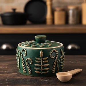 Small salt box with lid // Emerald green salt pot // Forest witch salt cellar wood// Salt pig // Salt keeper