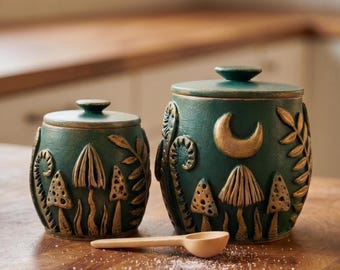 Emerald green mushroom container Wood canister with lid