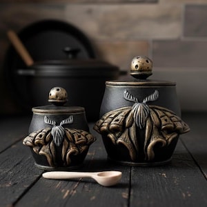 Luna moth sugar bowl with lid // Wooden container // Handmade salt cellar with lid // Forest witch kitchen canister