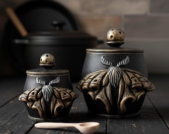 Luna moth sugar bowl with lid // Wooden container // Handmade salt cellar with lid // Forest witch kitchen canister