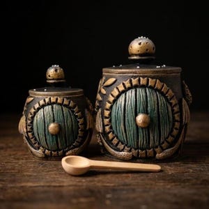 Puede incluir: Dos tarros de cerámica de color oscuro con tapa, cada uno con un diseño circular de puerta verde con un pomo central y bordes dorados. Una pequeña cuchara de madera de color claro está colocada horizontalmente frente a los recipientes.