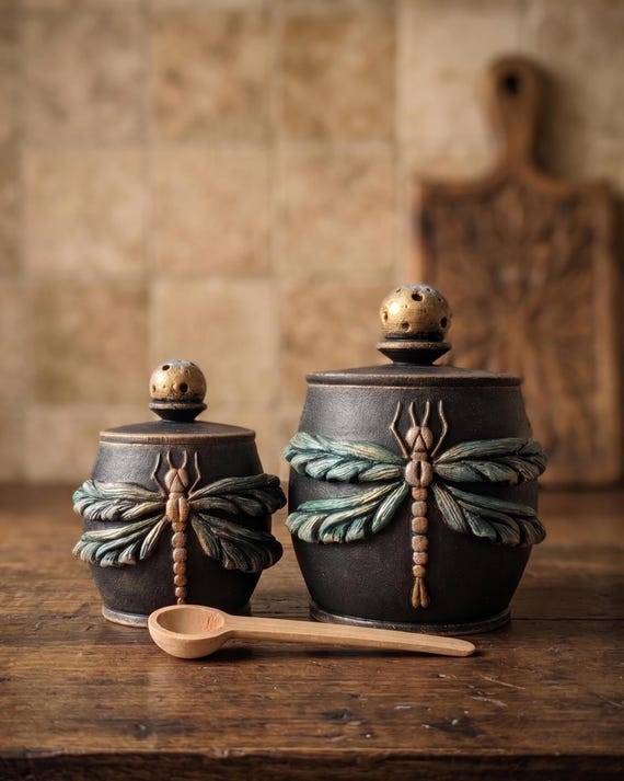Green dragonfly home decor Pinch pot Salt cellar with lid Forest witch kitchen decor