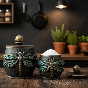 May include: Two dark, textured canisters with lids, each featuring a raised, sculpted dragonfly with green wings and a bronze-toned body. One canister is closed, while the other is open and filled with white granules, with its lid placed nearby.
