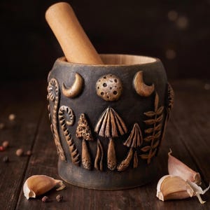 May include: A dark charcoal gray mortar and pestle set featuring raised relief carvings of mushrooms, ferns, a full moon, and crescent moons. The pestle is made of light-colored wood and rests inside the textured, cylindrical stone-like bowl.