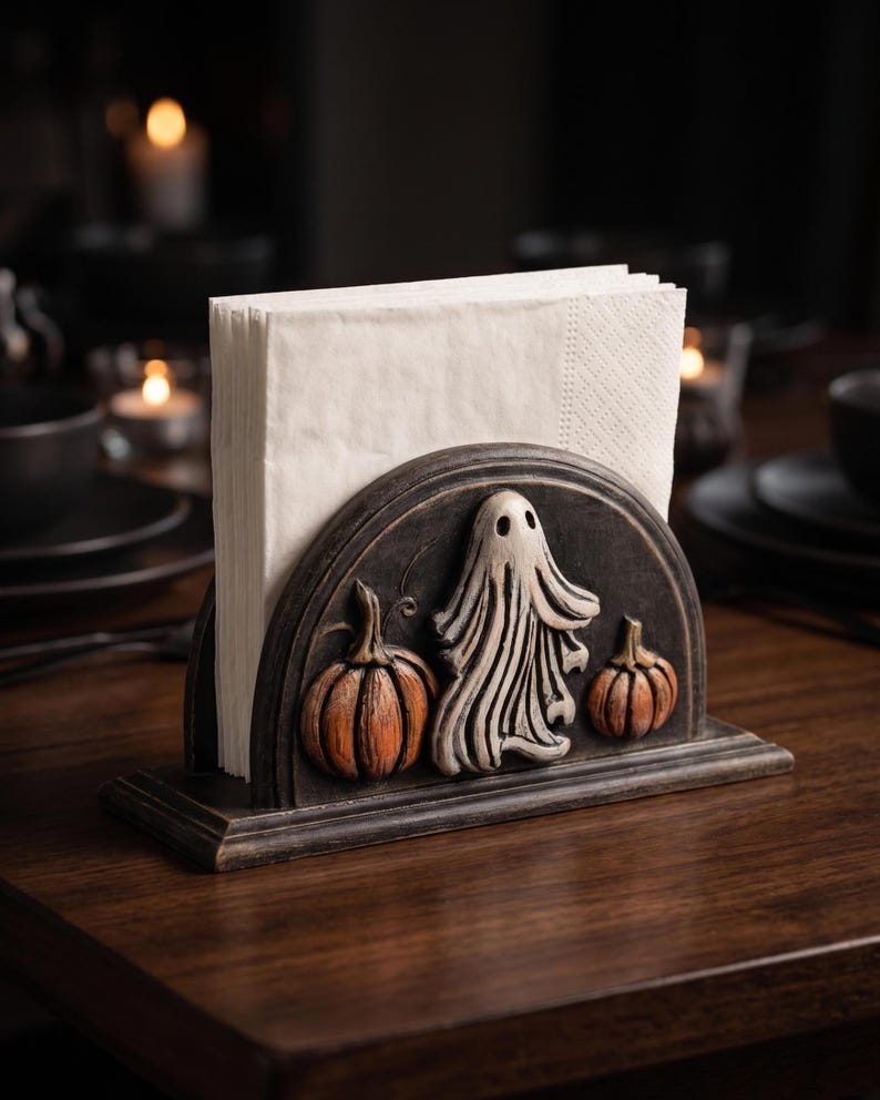May include: A dark-toned, semi-circular napkin holder featuring a raised, sculpted design of a central white ghost flanked by two orange pumpkins. The holder is constructed with a flat base and a vertical slot currently filled with white paper napkins.