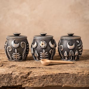 May include: Three dark gray ceramic jars with lids, each featuring raised silver-toned relief designs of crescent moons, ferns, and mushrooms. A small, light-colored wooden spoon rests horizontally in front of the center jar.