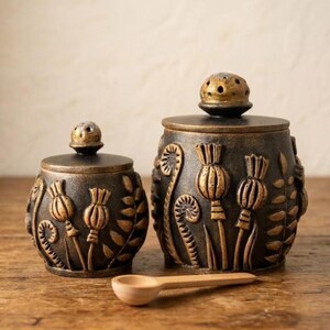 May include: Two dark brown ceramic jars with lids, featuring embossed gold-toned botanical patterns of poppy pods and fern fronds. Each lid has a small, perforated knob. A small, light-colored wooden spoon rests in front of the two containers.