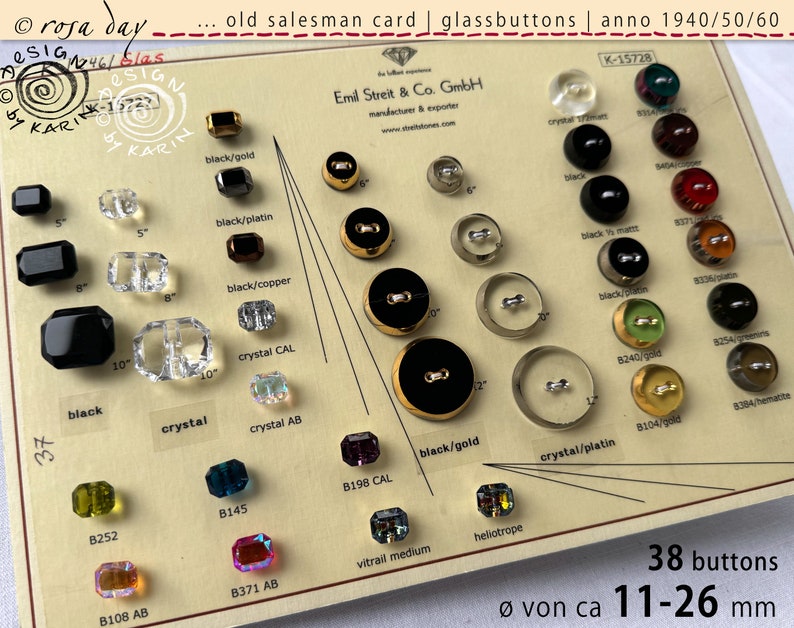 38 old collector's glass buttons from 1930/40 on sample card two different impressive designs ø approx. 11-26 mm No. X-4843 image 2