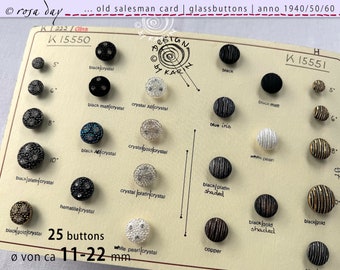 25 botones de cristal antiguos de colección de 1930/40 en una tarjeta de muestra - dos diseños diferentes - algunos con pedrería - ø aprox. 11-22 mm - N° X-4845