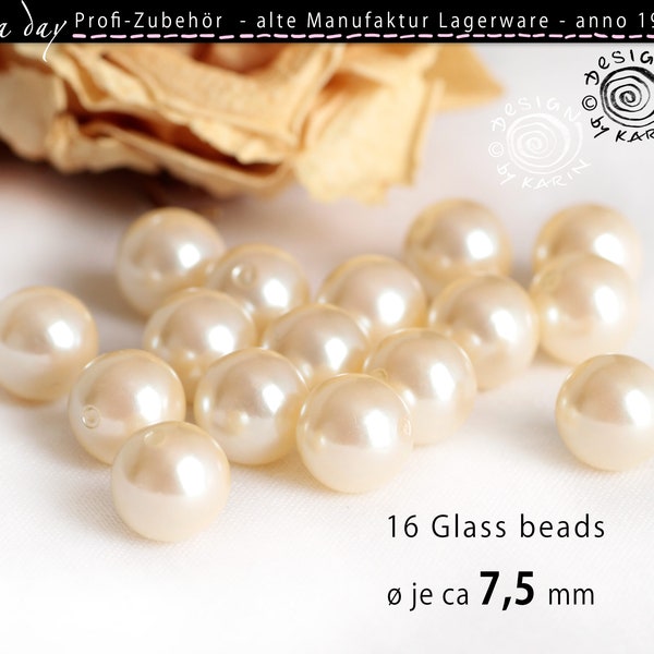 16 old glass beads drilled - cream white waxed - professional accessories - stock goods of old jewelry manufactory - ø je ca 7,5 mm - Nr X-2881