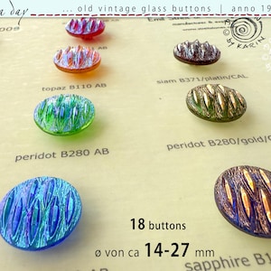18 botões de vidro antigos de colecionador de 1980/90 em um cartão de amostra - mesmo design - várias cores - ø de aprox. 14-27 mm - Nº 614