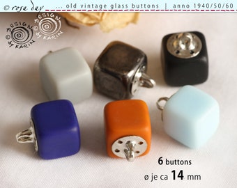 6 old vintage glass buttons from 1950/60 - cube shape - various colors - with silver-colored eyelet - ø each approx. 14 mm - No. X-4325