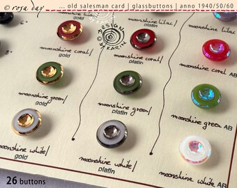 26 old collector's glass buttons from 1930/40 on a sample card - beautiful, elegant designs - various colors - ø approx. 11-22 mm - No. X-4053