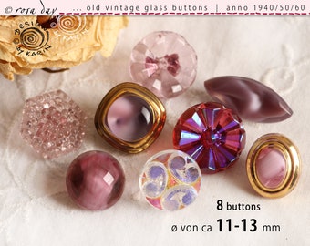 8 oude kleine vintage glazen knoopjes uit 1950/60 - diverse uitvoeringen in paarsroze goud - ø ca. 11-13 mm - nr. X-4840