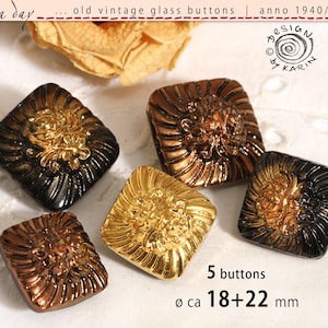 5 alte tolle vintage Glasknöpfe anno 1950/60 - quadratische Form - Set in schwarz, golden, kupfer - ø  ca 18+22 mm - Nr 2848